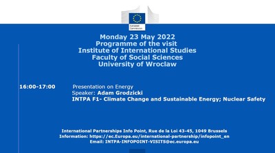 image: Wizyta online w Komisji Europejskiej - wykład Adama Grodzickiego
„Climate Change and Sustainable Energy; Nuclear Safety” –  23 maja 2022 



